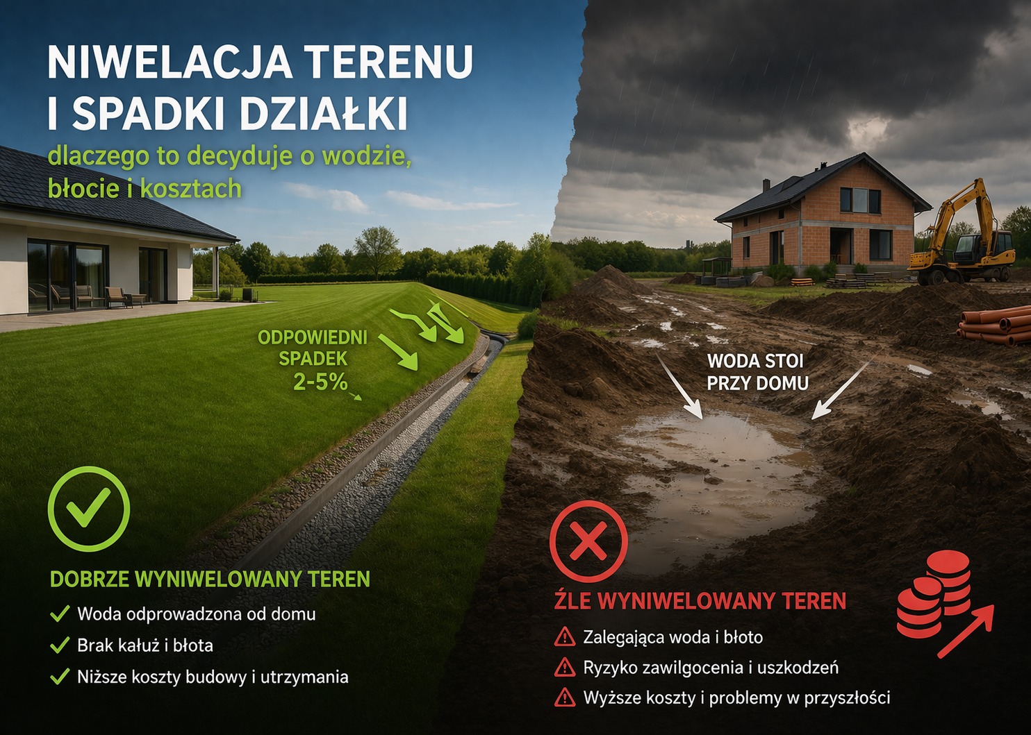 teraz proszę o obrazek do tego artykułu: Niwelacja terenu i spadki działki: dlaczego to decyduje o wodzie, błocie i kosztach