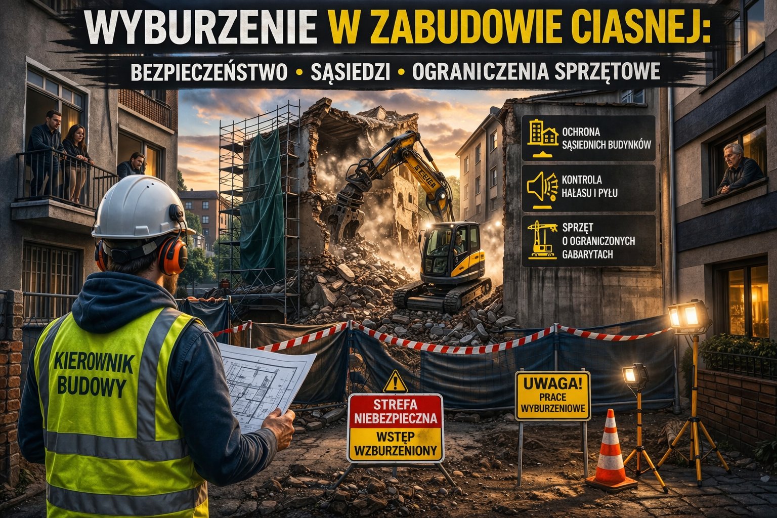 Wyburzenie w zabudowie ciasnej: bezpieczeństwo, sąsiedzi, ograniczenia sprzętowe