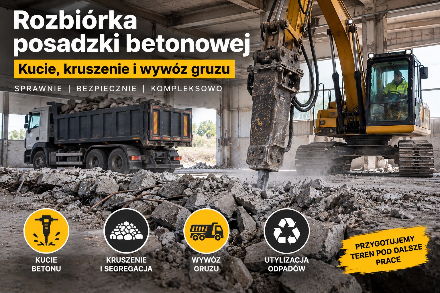 Rozbiórka posadzki betonowej | Kucie, kruszenie i wywóz gruzu
