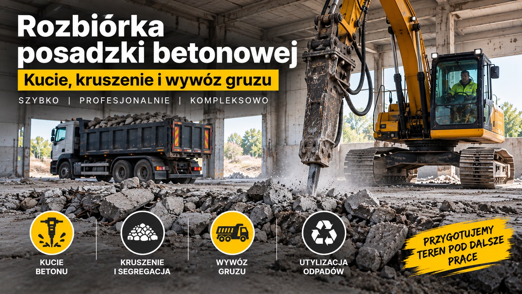 Rozbiórka posadzki betonowej | Kucie, kruszenie i wywóz gruzu