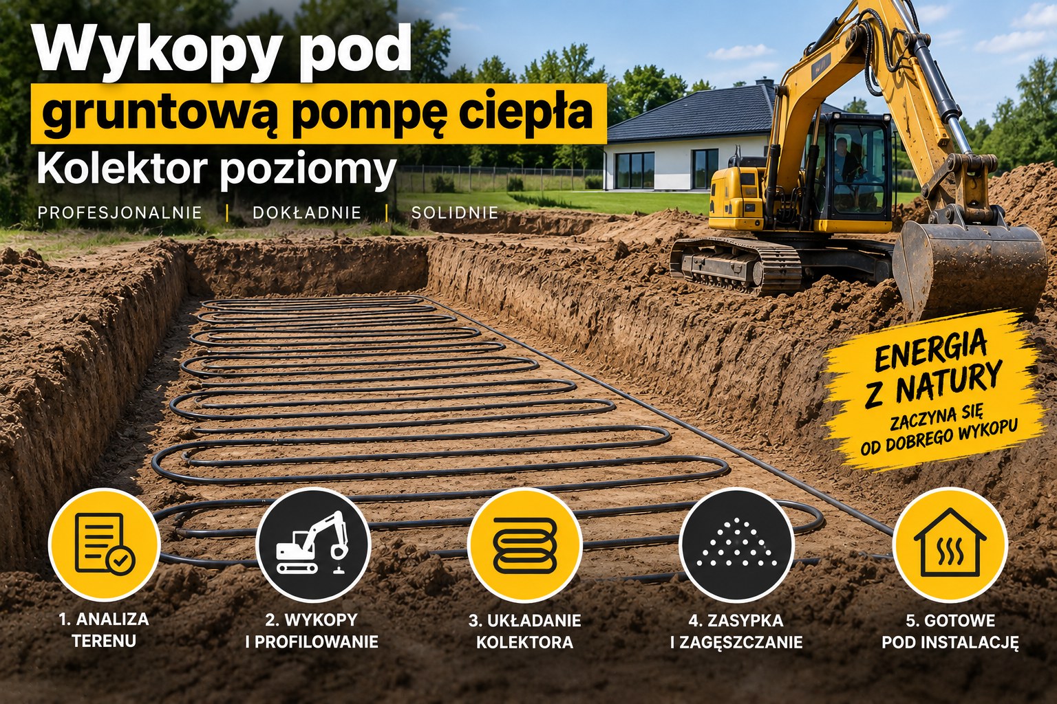 Wykopy pod gruntową pompę ciepła | Kolektor poziomy