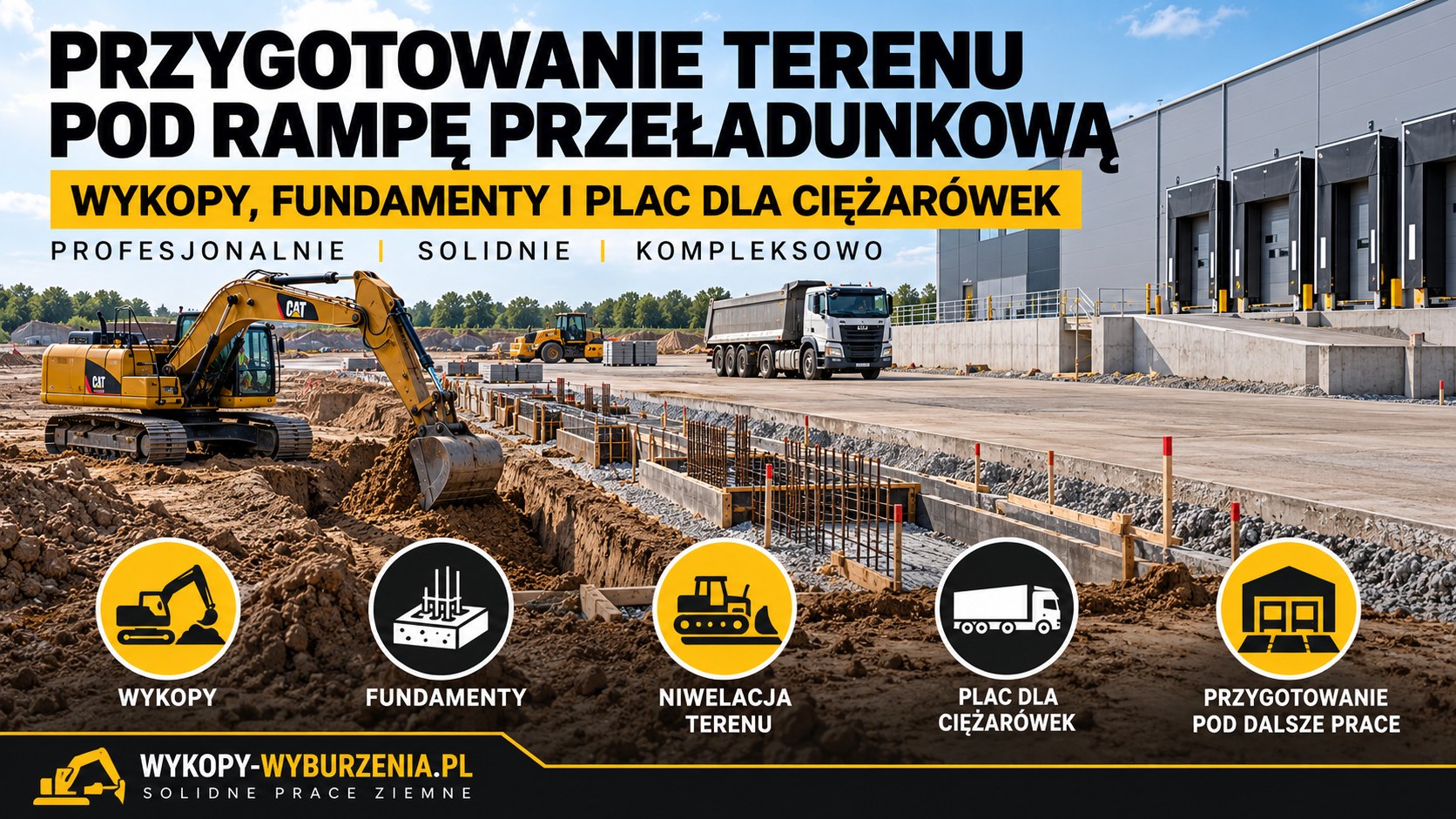 Przygotowanie terenu pod rampę przeładunkową: wykopy, fundamenty i plac dla ciężarówek